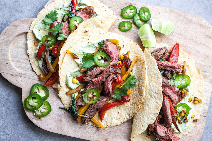 Spinach, Peppers, and Steak Fajitas with Avocado Crema