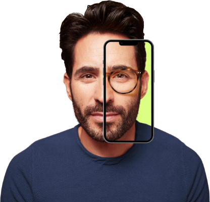 A mobile phone superimposed over a mans face indicating he can use an app to virtually try-on glasses