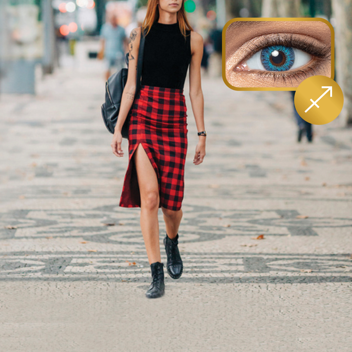 Woman walking in street with checkerboard skirt