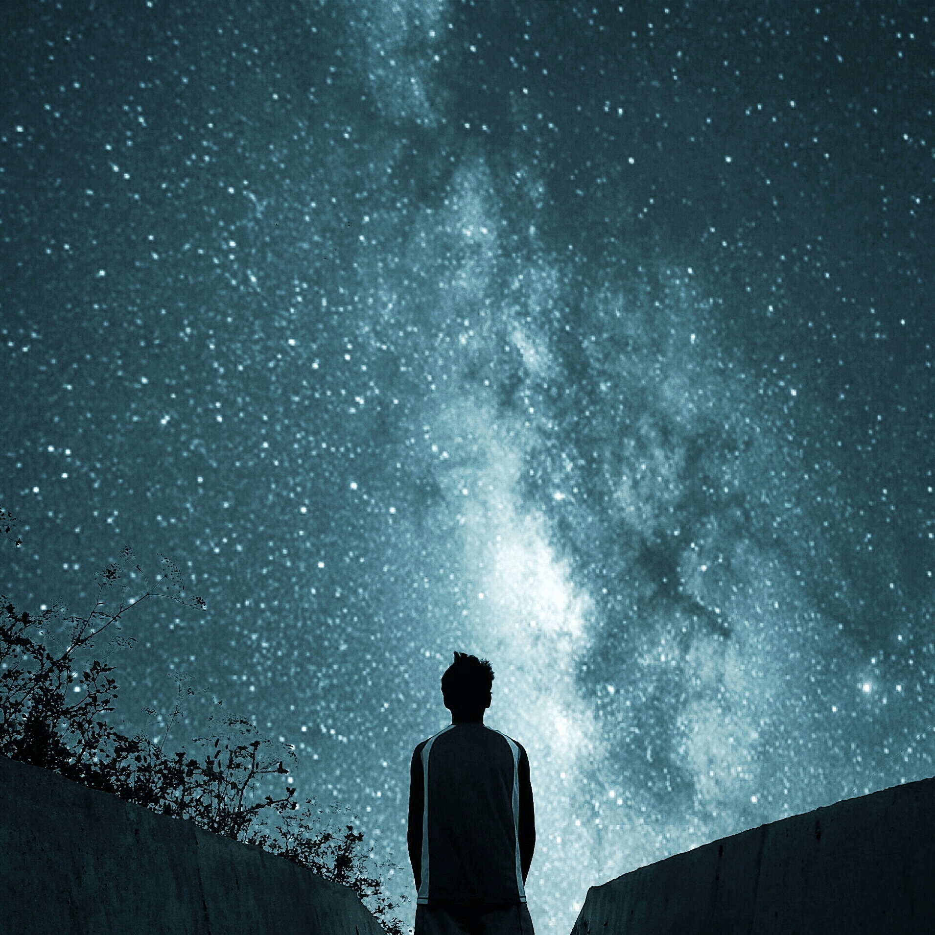 Man staring at the night sky